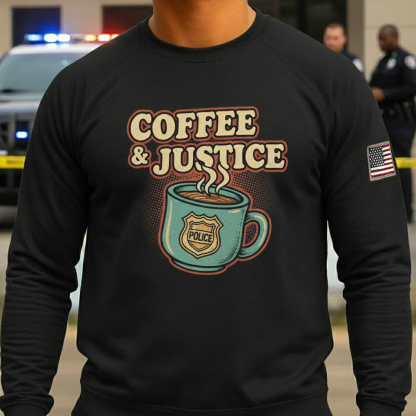 "COFEEE&JUSTICE" themed black round-neck hoodie