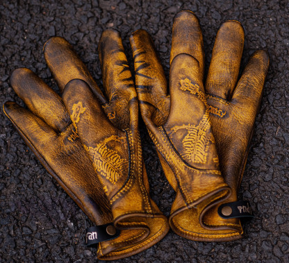 Vintage Distressed Leather Skeleton Hand Print Motorcycle Riding Gloves