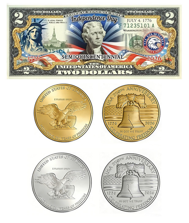 USA 250th Patriotic Bundle – Peace Coins & Independence $2 Bill