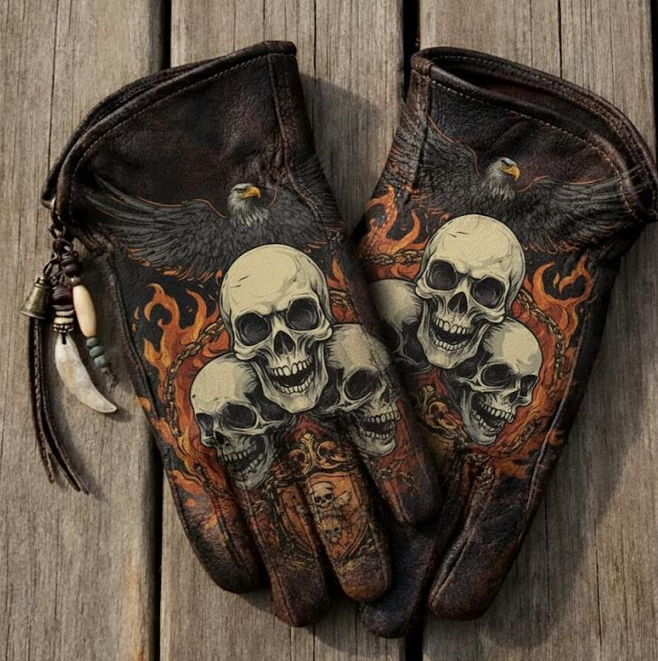 Print Vintage Leather Work Gloves.