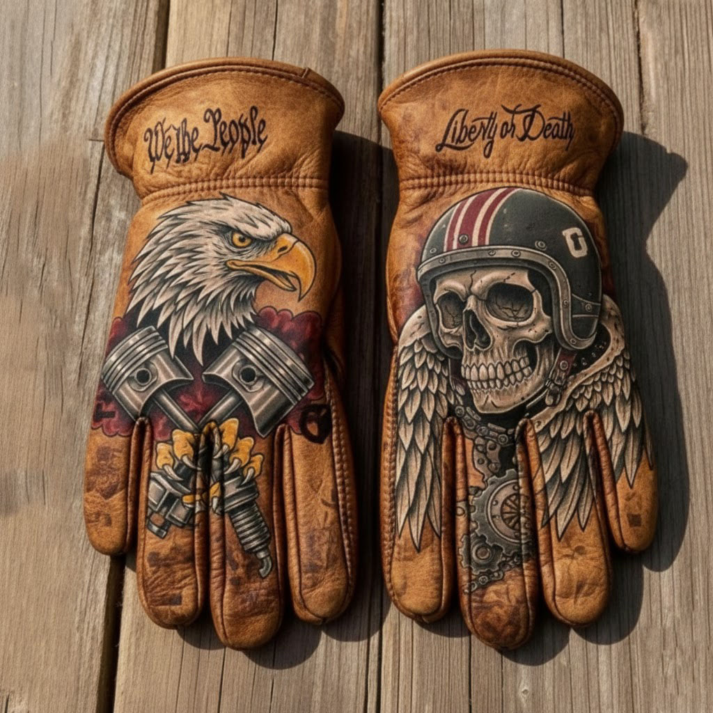 Hardcore biker style engine patriotic leather riding gloves