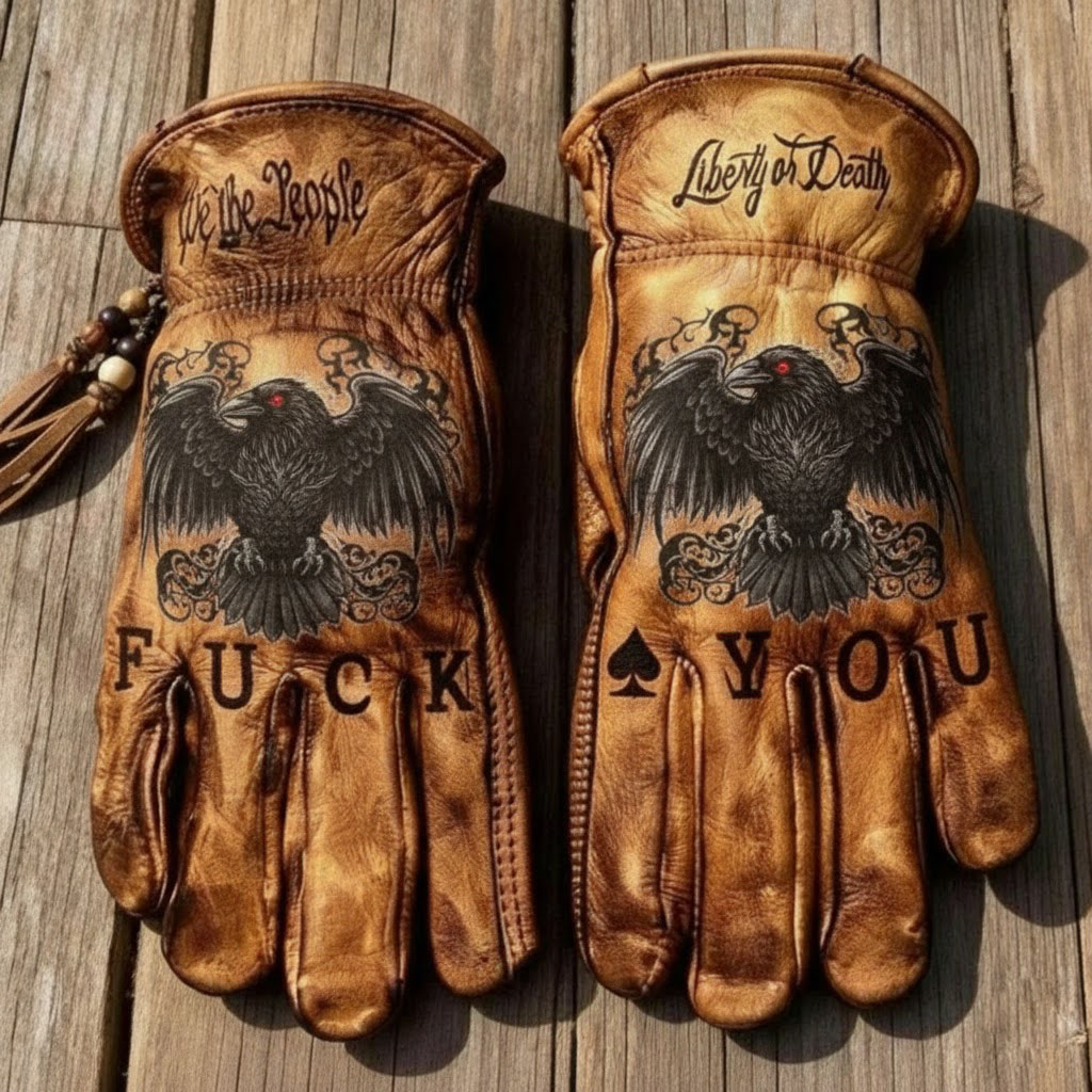 Hardcore biker style engine patriotic leather riding gloves