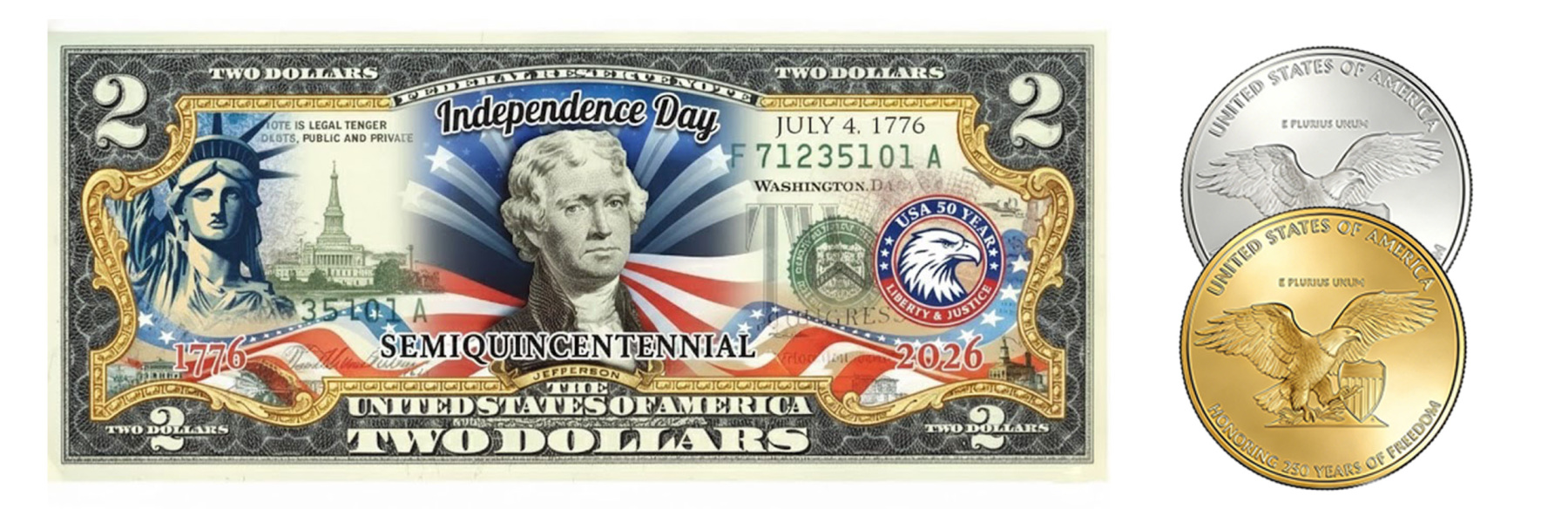 USA 250th Patriotic Bundle – Peace Coins & Independence $2 Bill