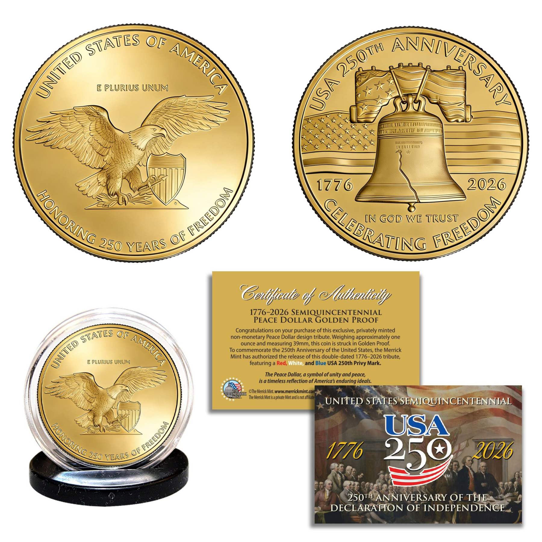 USA 250th Patriotic Bundle – Peace Coins & Independence $2 Bill