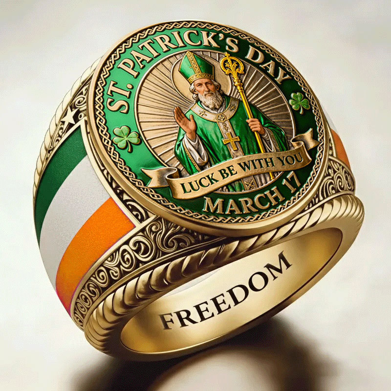 Irish Celtic Style Lucky Shamrock Green Cross Memorial Ring