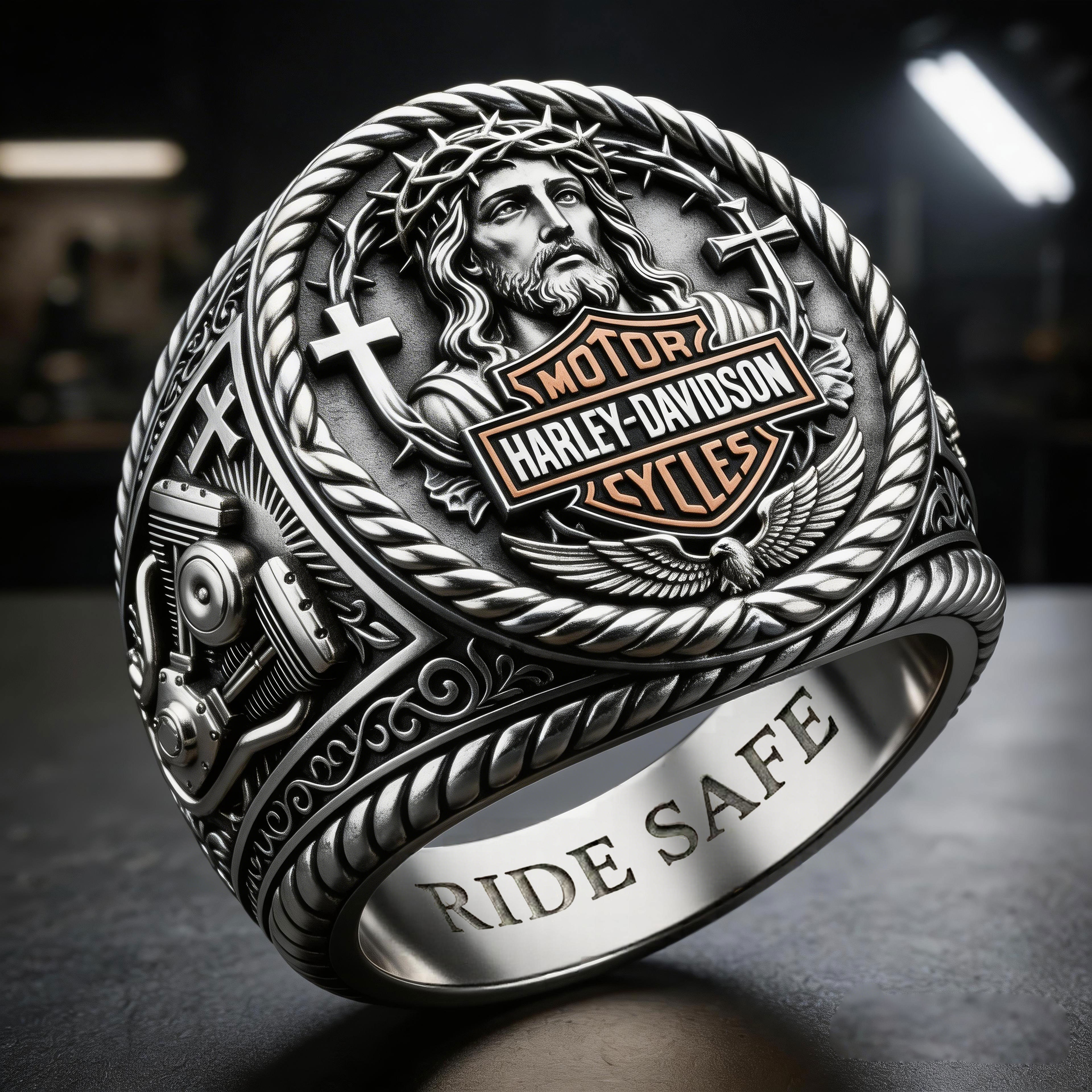 Jesus Protects My Ride Harley Rider Ring