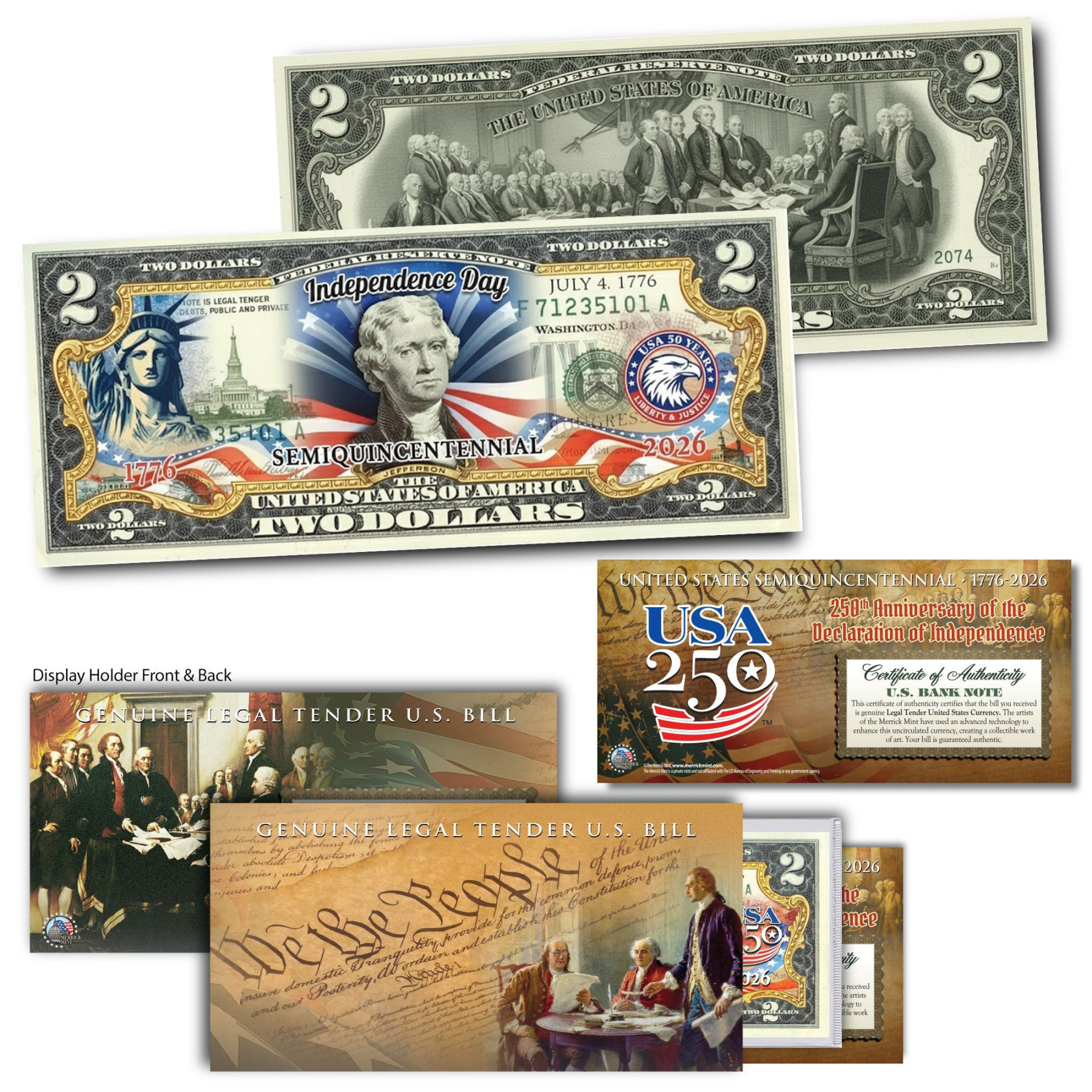 USA 250th Patriotic Bundle – Peace Coins & Independence $2 Bill