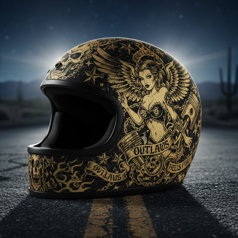 Dark Gold Winged Angel Motorcycle Helmet – American Outlaw Vintage Riding Style