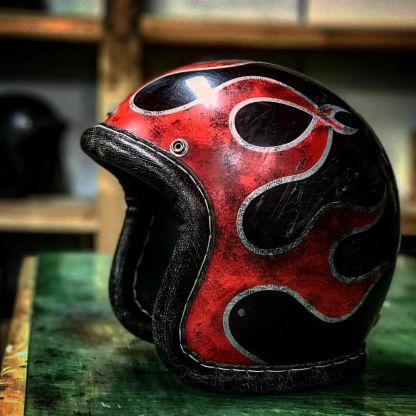Old School Burnout Red & Black Distressed Flame Helmet