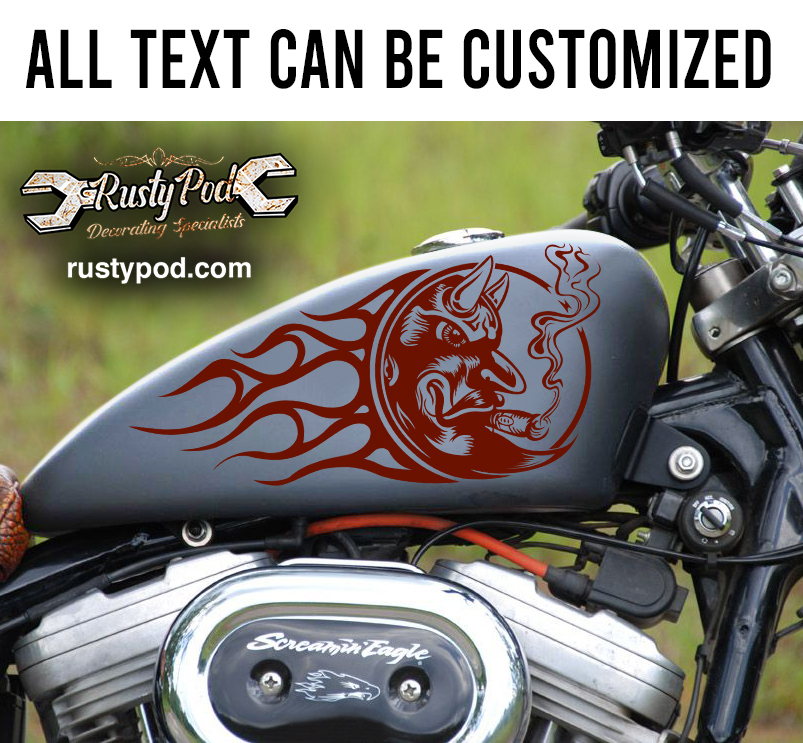 Red devil and flame motorcycle fuel tank decal 
