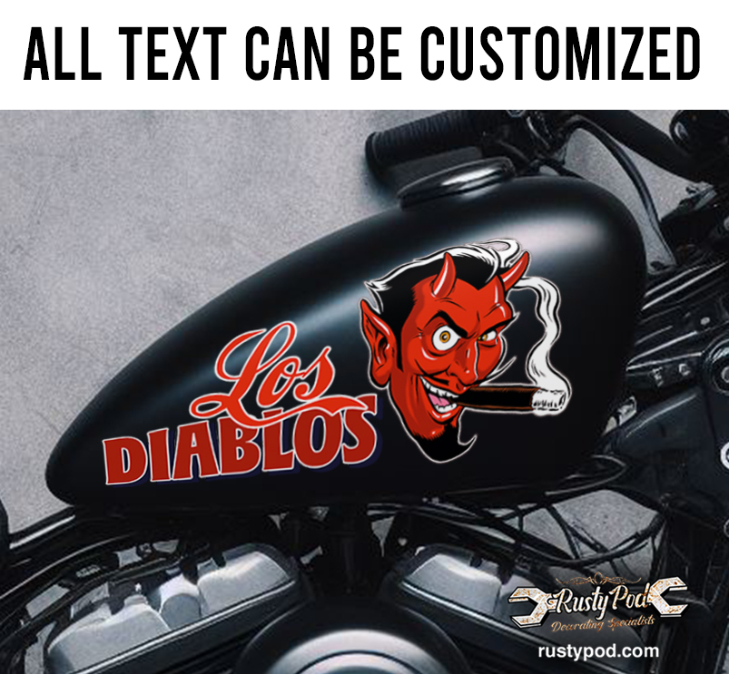 personalized red devil and pinstriping motorcycle gas tank decal