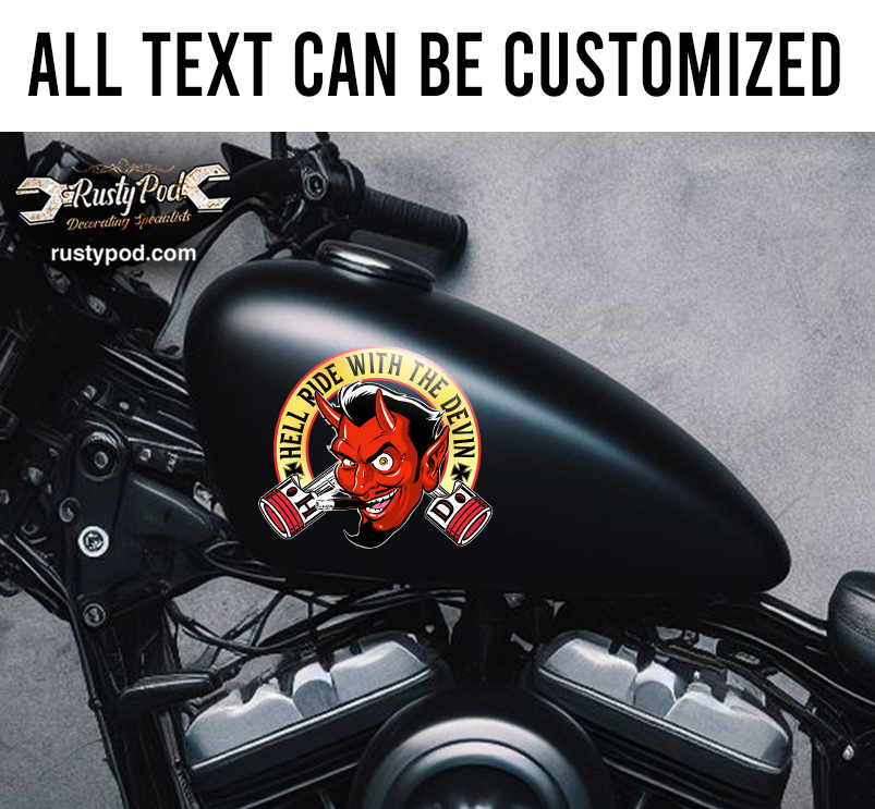 personalized red devil and piston motorcycle gas tank decal 11824