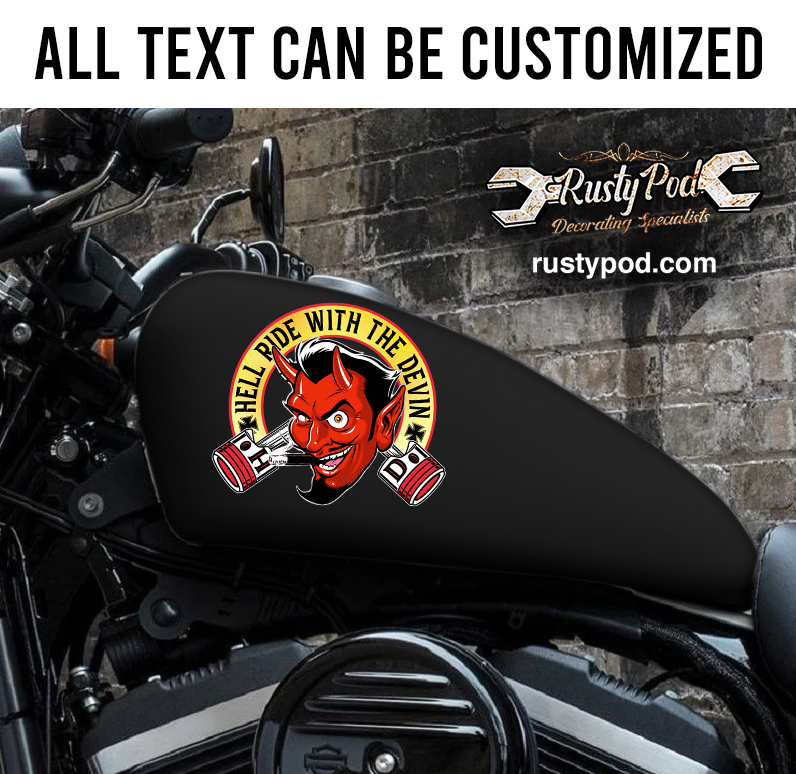 personalized red devil and piston motorcycle gas tank decal 11824