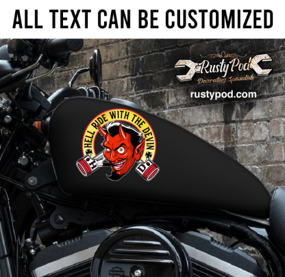 personalized red devil and piston motorcycle gas tank decal 11824