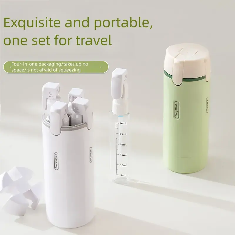 4-in-1 Portable Cosmetic Shampoo Dispenser Storage Bottle Plastic Travel Friendly Compact Design for Easy Carrying