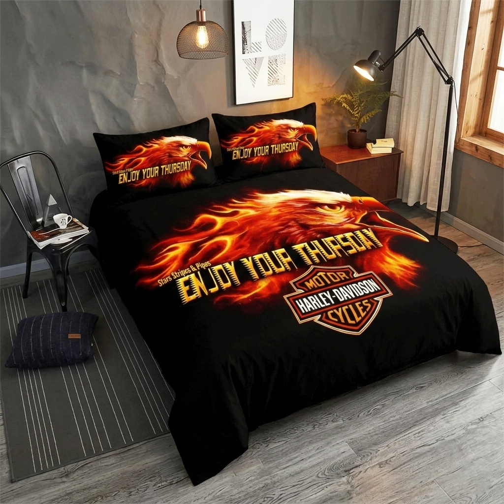Retro Harley-Davidson style pattern 3-Piece Quilted Bedding Set