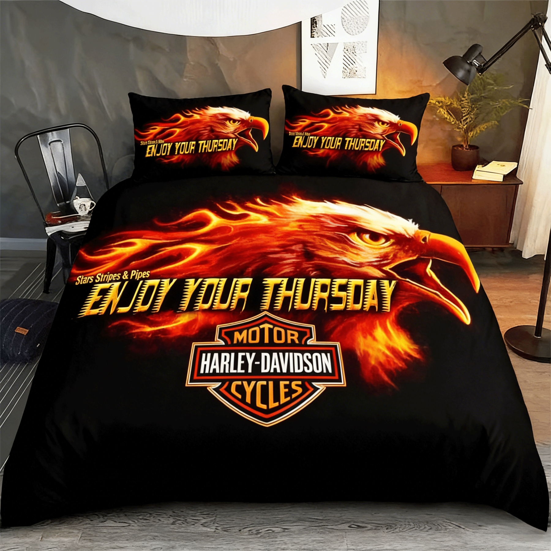 Retro Harley-Davidson style pattern 3-Piece Quilted Bedding Set