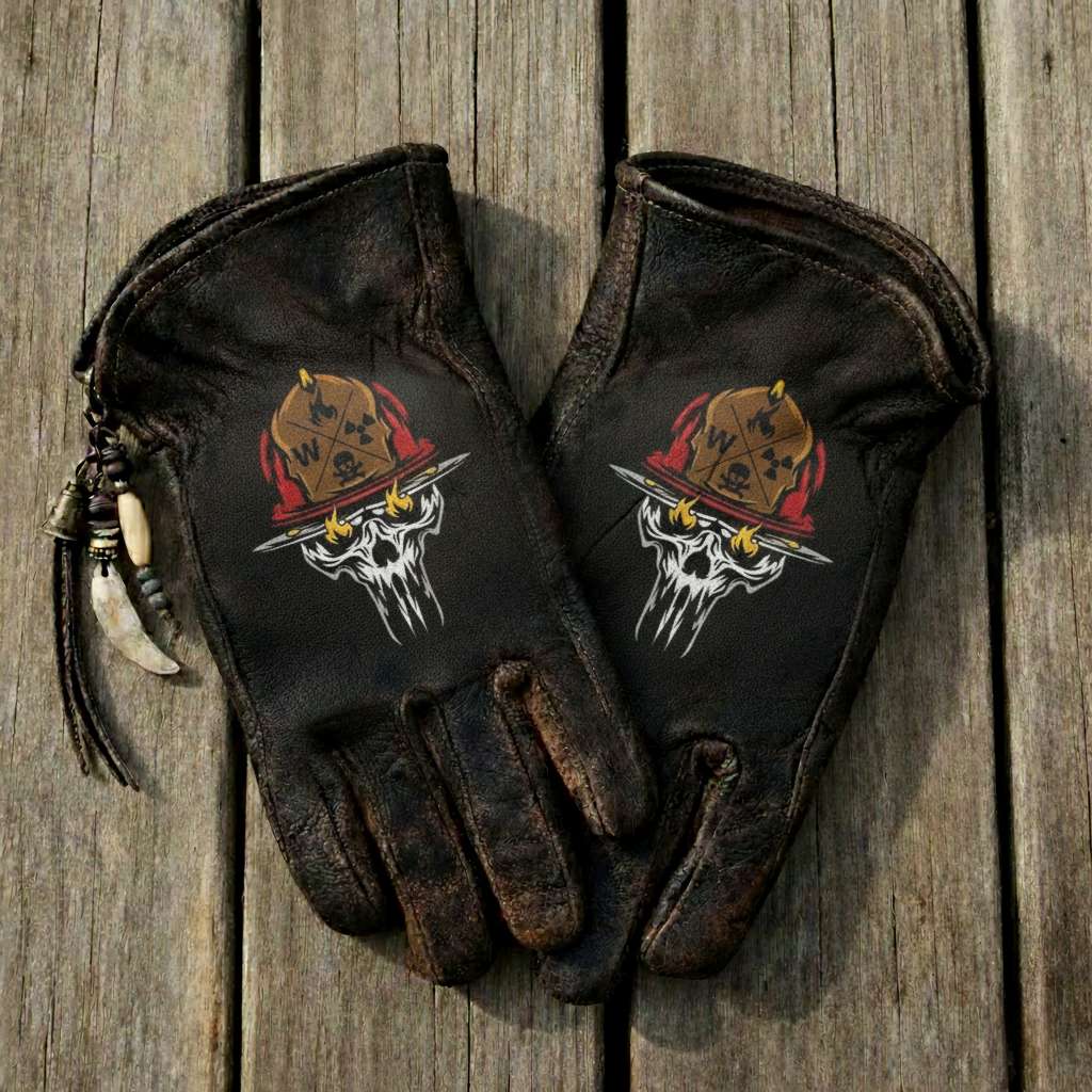 Apocalyptic Wasteland Style Firefighter Skull Graphic Distressed Leather Gloves