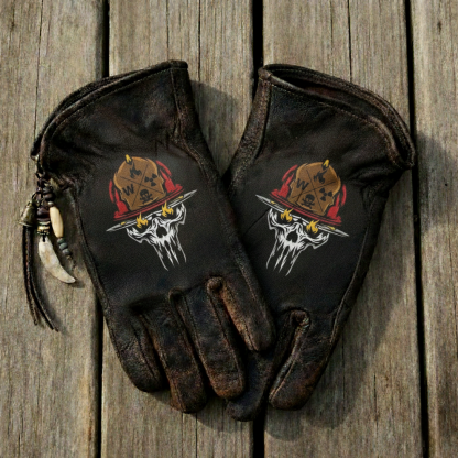 Apocalyptic Wasteland Style Firefighter Skull Graphic Distressed Leather Gloves