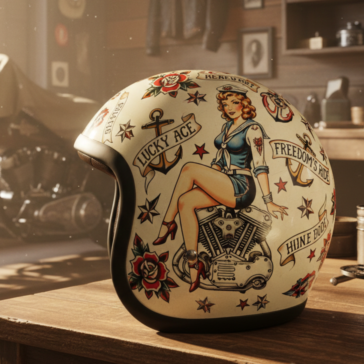 Vintage Pin-up Girl Lucky Ace Graphics Open Face Helmet