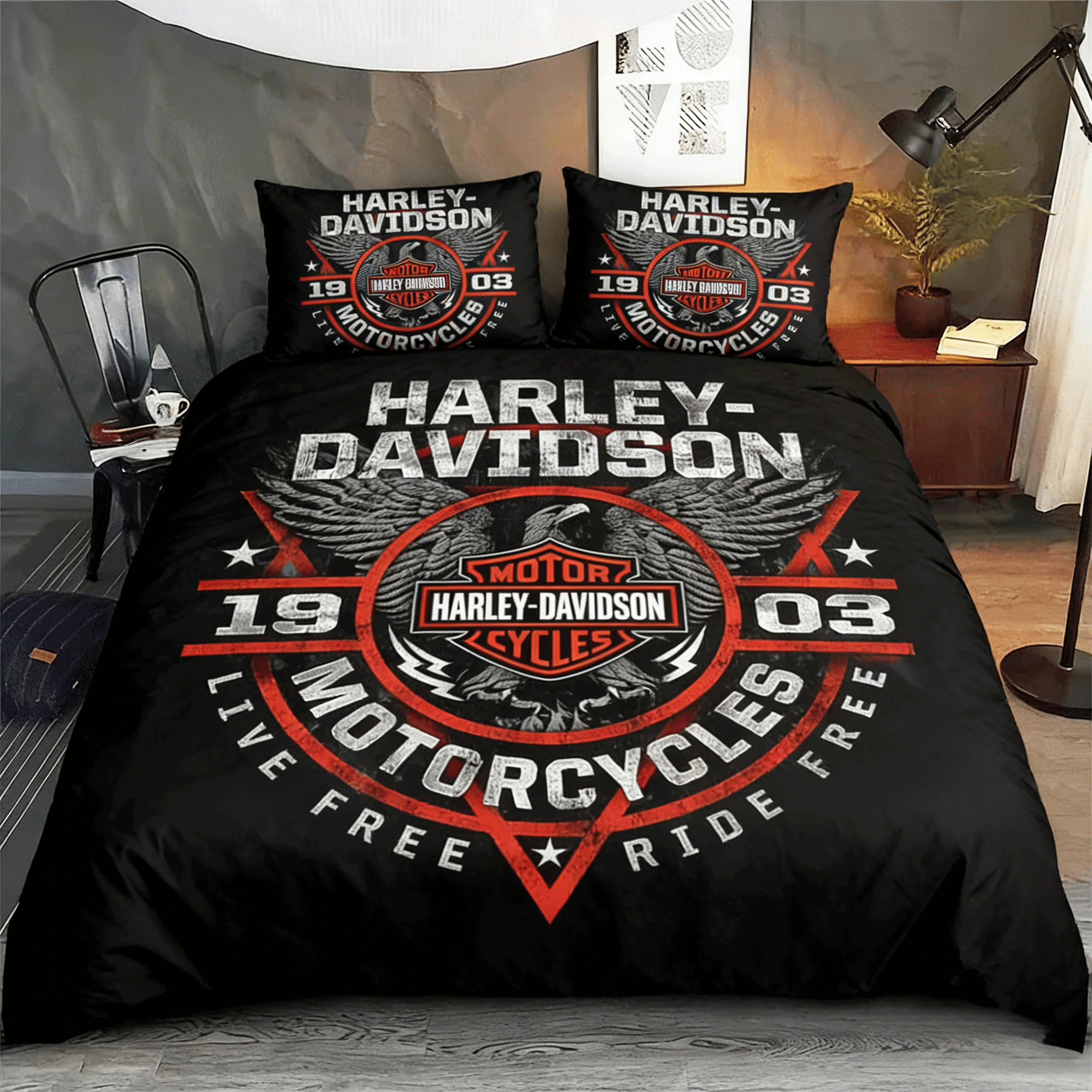 Retro Harley-Davidson style pattern 3-Piece Quilted Bedding Set