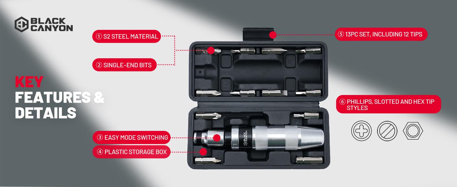 BLACK CANYON 1/2" S2 Hand Impact Screwdriver, 12-Pieces Tip Styles Slotted, Phillips, Hex, Manual Reversible Impact Driver, Disengage Rusted Fasteners or Frozen Bolts, Ideal Hand Tool for Men, Dad
