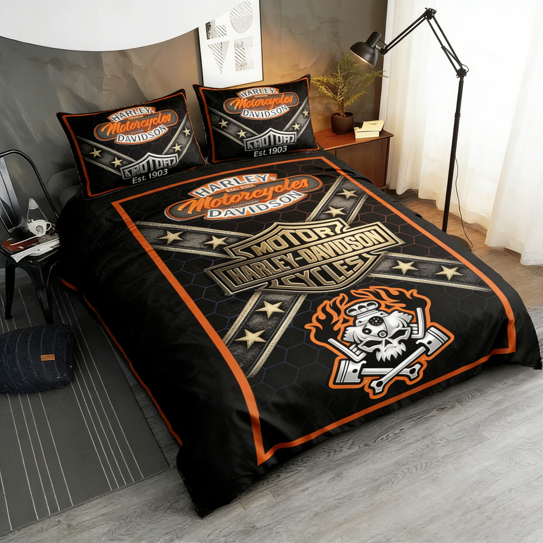 Retro Harley-Davidson style pattern 3-Piece Quilted Bedding Set