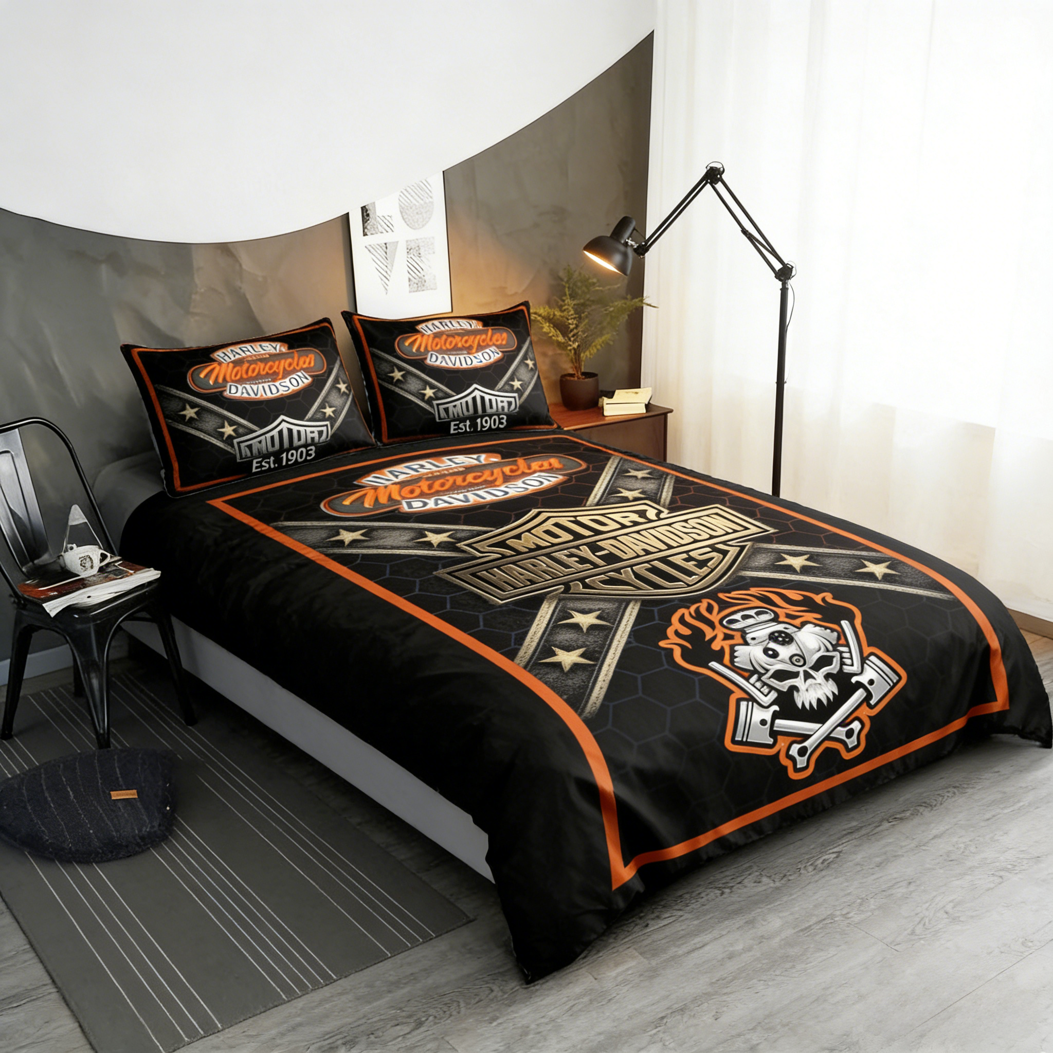 Retro Harley-Davidson style pattern 3-Piece Quilted Bedding Set