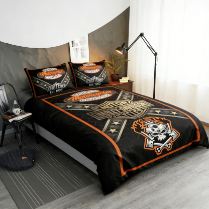 Retro Harley-Davidson style pattern 3-Piece Quilted Bedding Set
