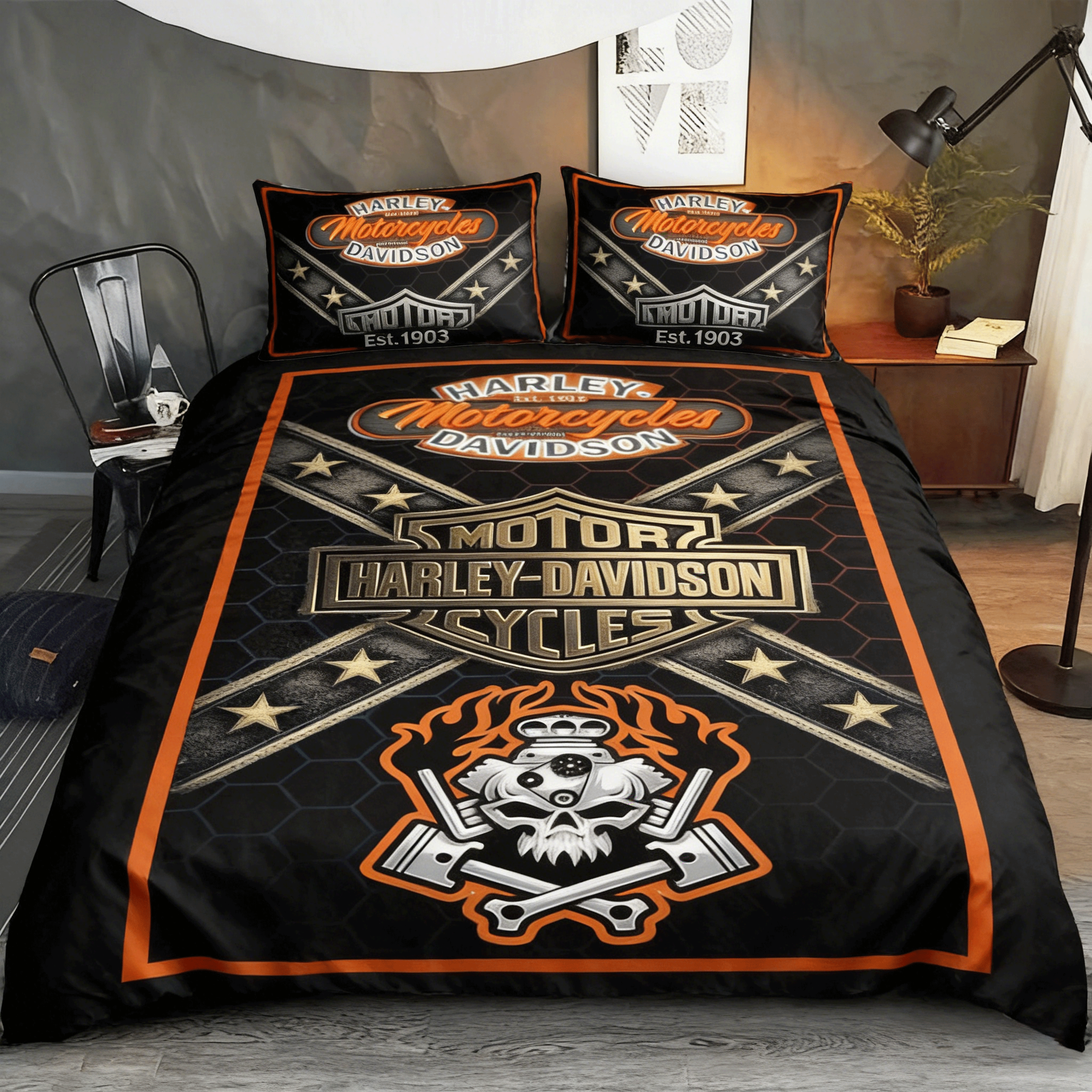 Retro Harley-Davidson style pattern 3-Piece Quilted Bedding Set