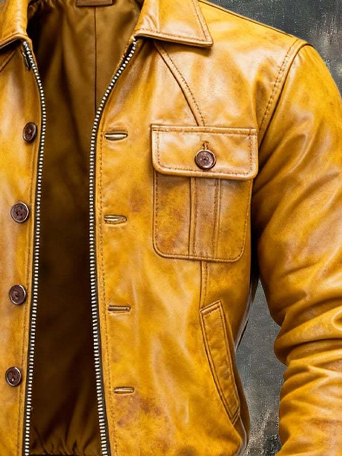 Men's Retro Wax Yellow Leather Multi-Pocket Outdoor Jacket
