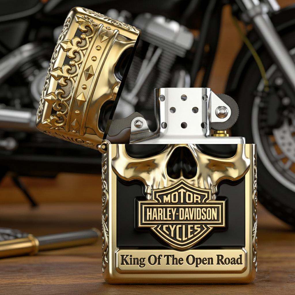 Road Sovereign: "King Of The Open Road" Gold-Tone Skull Lighter