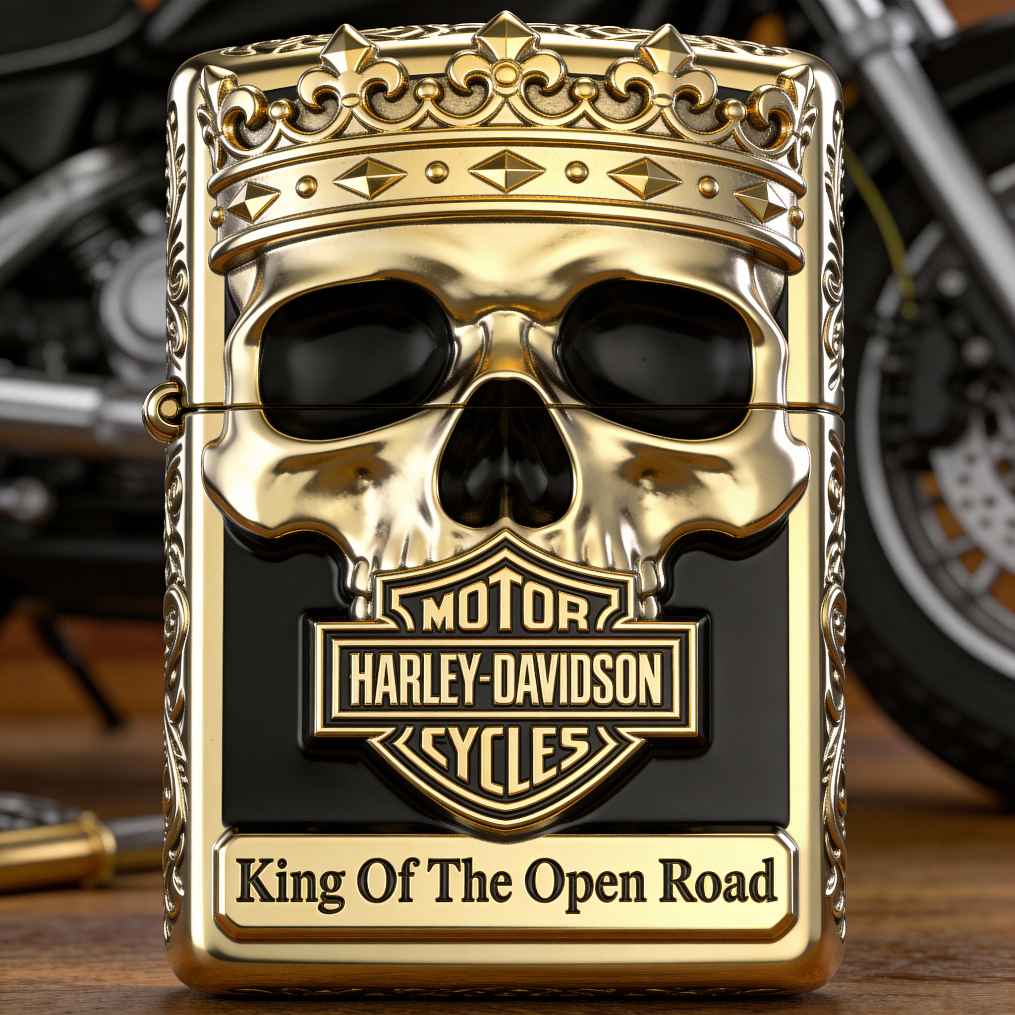 Road Sovereign: "King Of The Open Road" Gold-Tone Skull Lighter