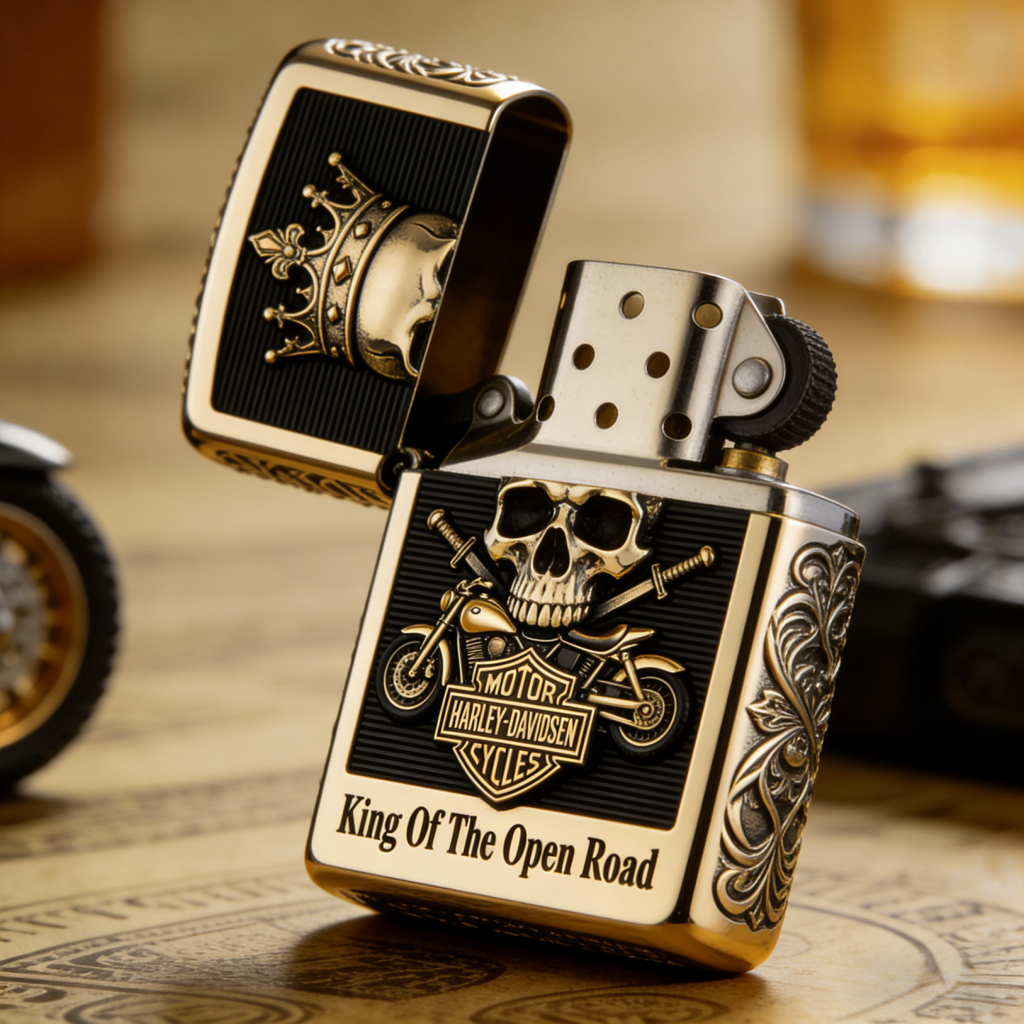 Road Sovereign: "King Of The Open Road" Gold-Tone Skull Lighter