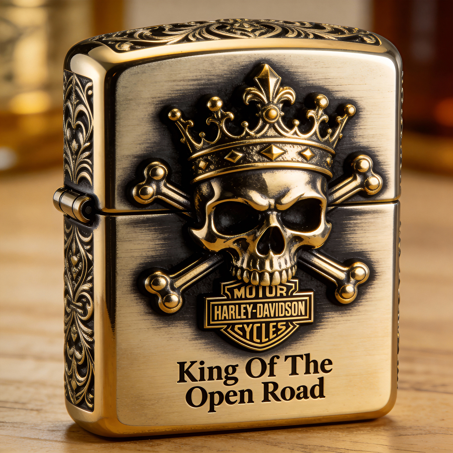 Road Sovereign: "King Of The Open Road" Gold-Tone Skull Lighter