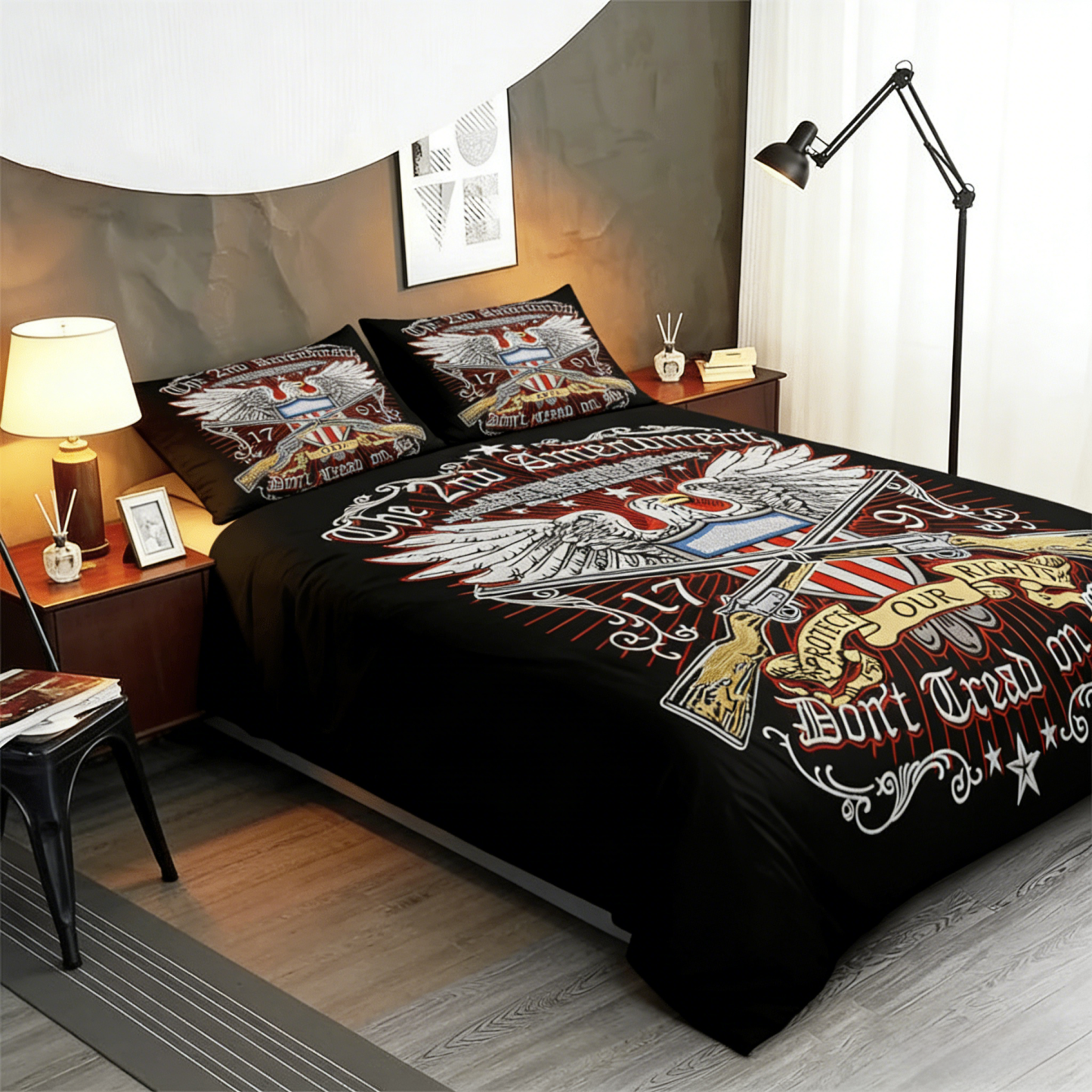 Retro Harley-Davidson style pattern 3-Piece Quilted Bedding Set