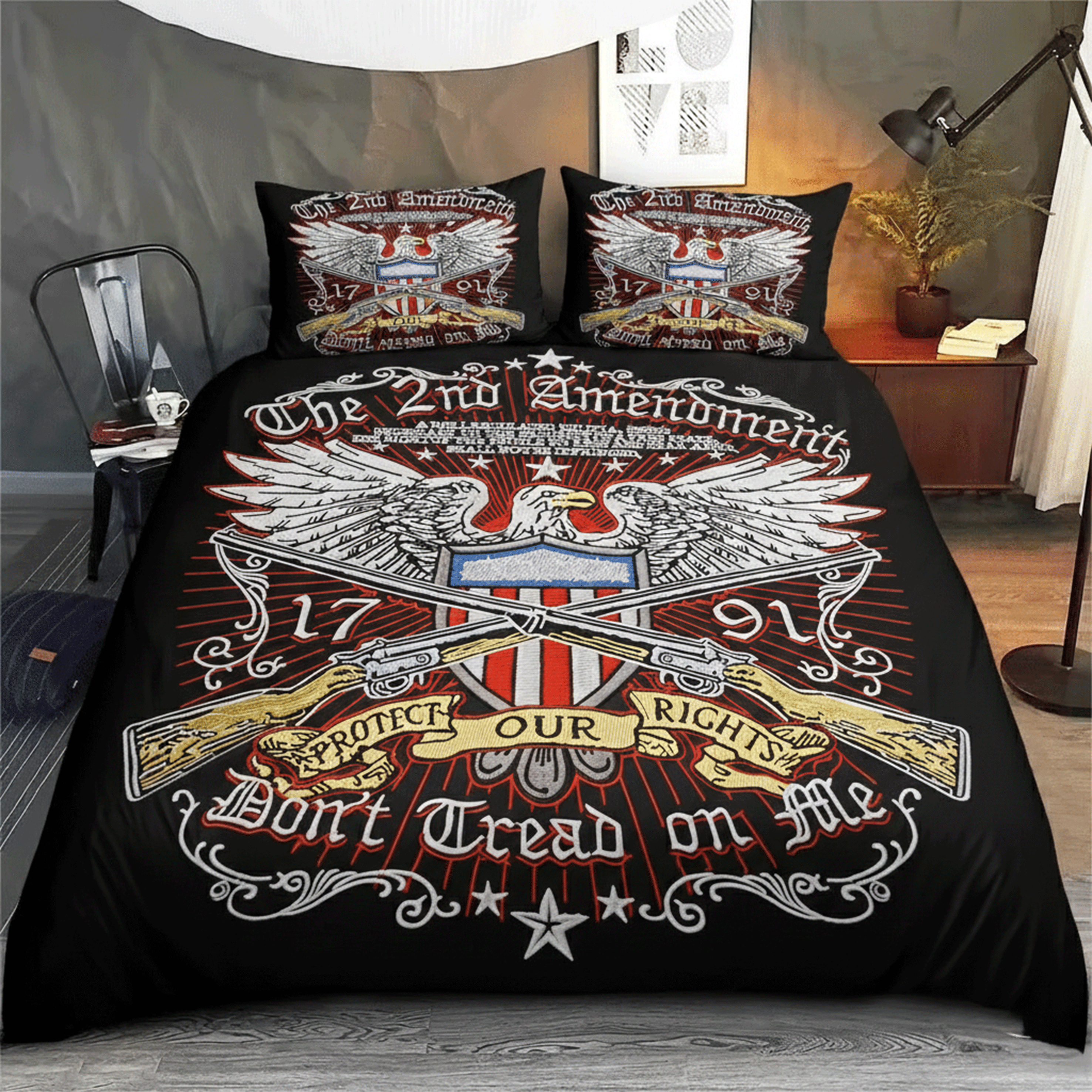 Retro Harley-Davidson style pattern 3-Piece Quilted Bedding Set