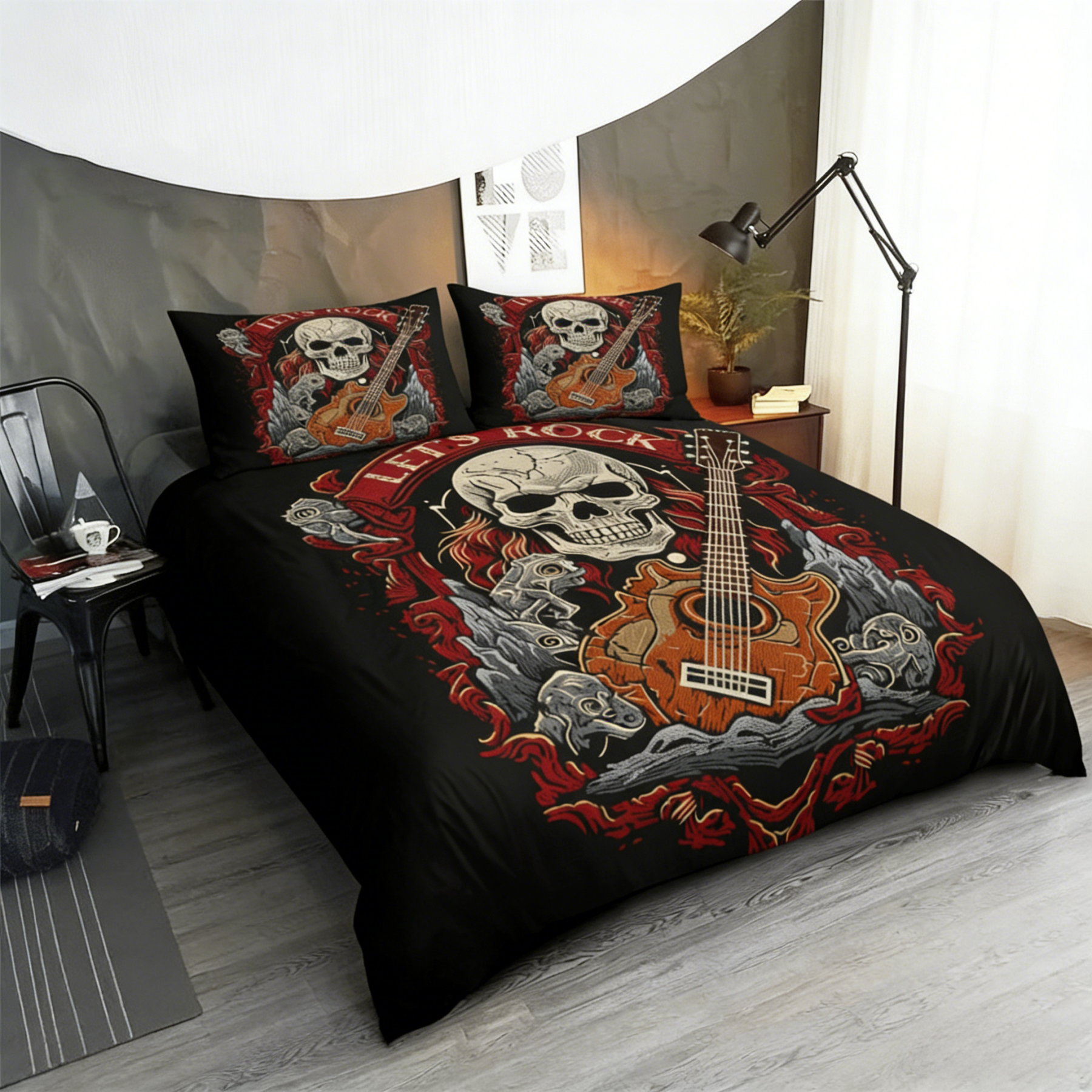 Retro Harley-Davidson style pattern 3-Piece Quilted Bedding Set