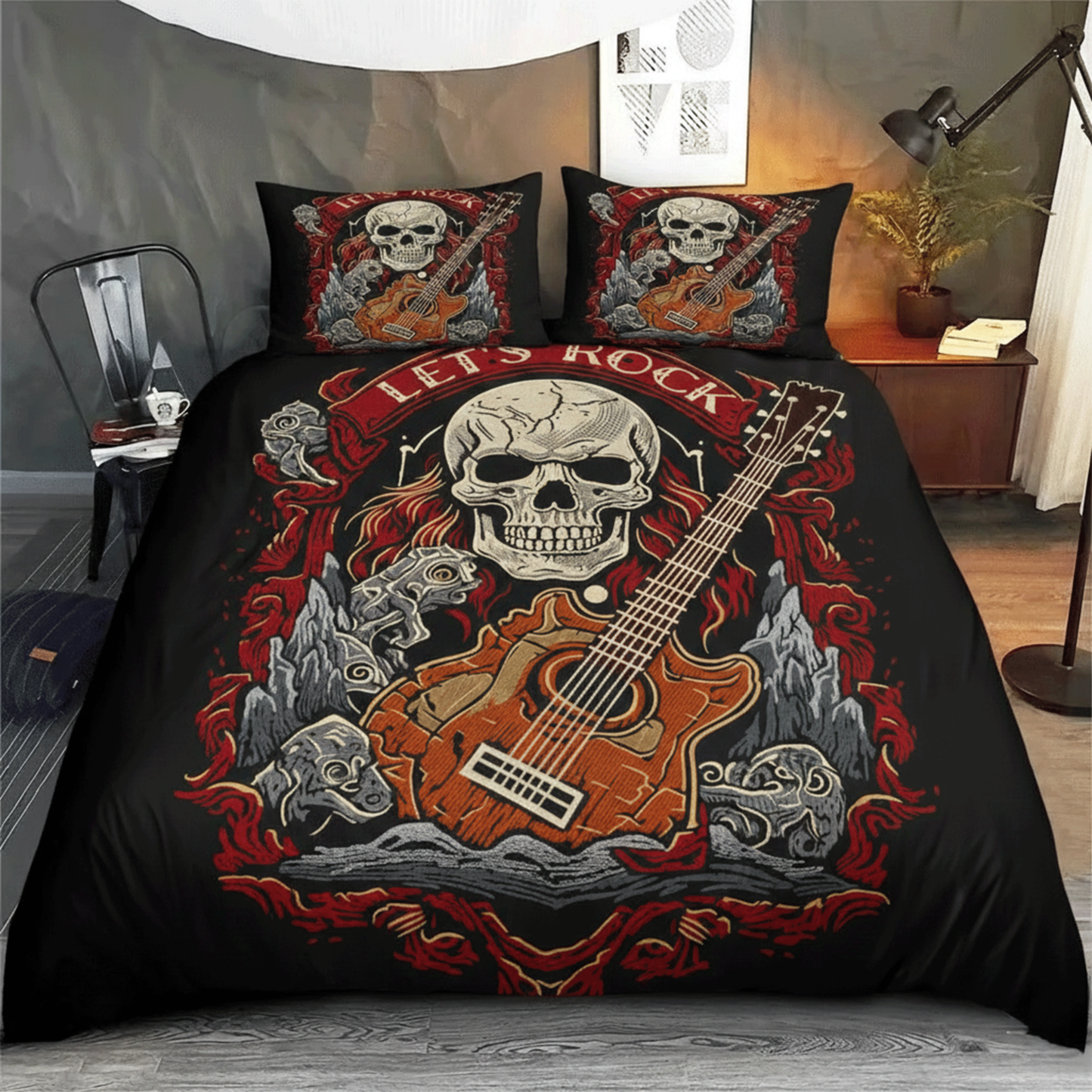 Retro Harley-Davidson style pattern 3-Piece Quilted Bedding Set
