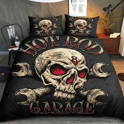 Retro Harley-Davidson style pattern 3-Piece Quilted Bedding Set