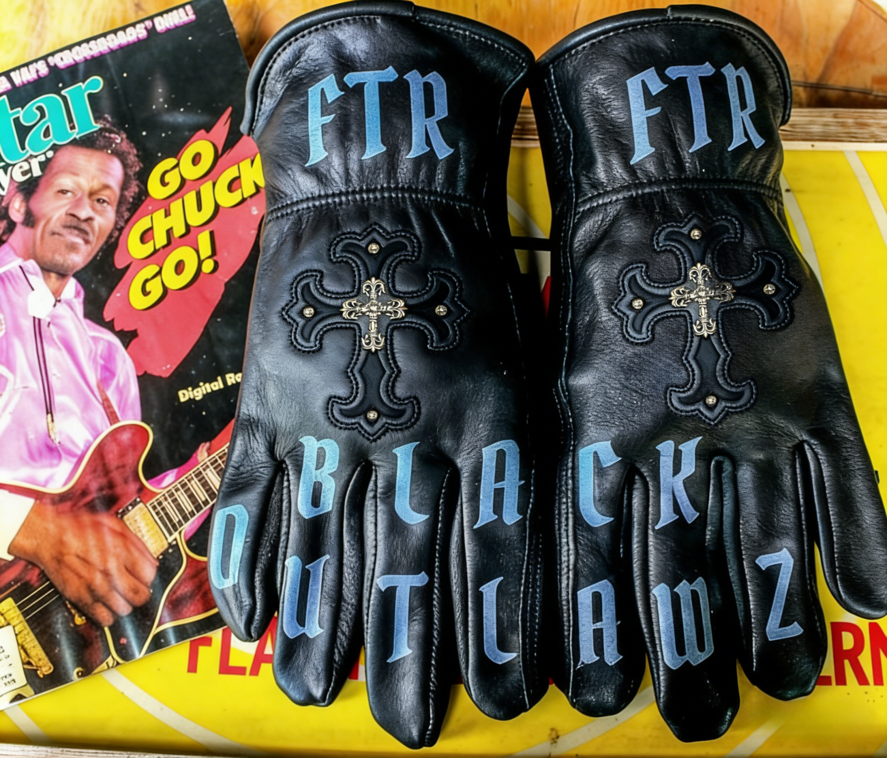 Vintage Workwear Yellow Flame Contrast Genuine Leather Biker Gloves