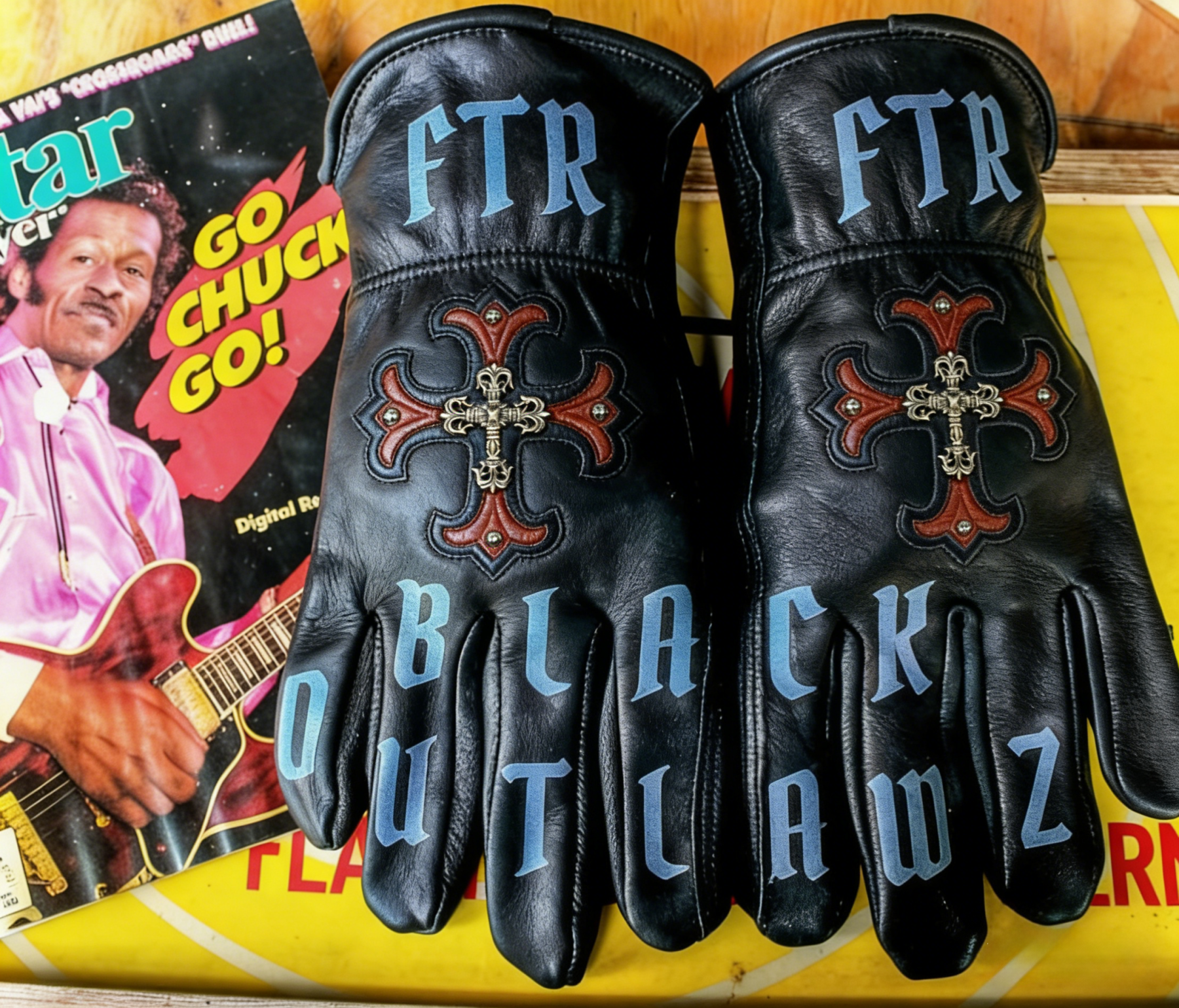 Vintage Workwear Yellow Flame Contrast Genuine Leather Biker Gloves