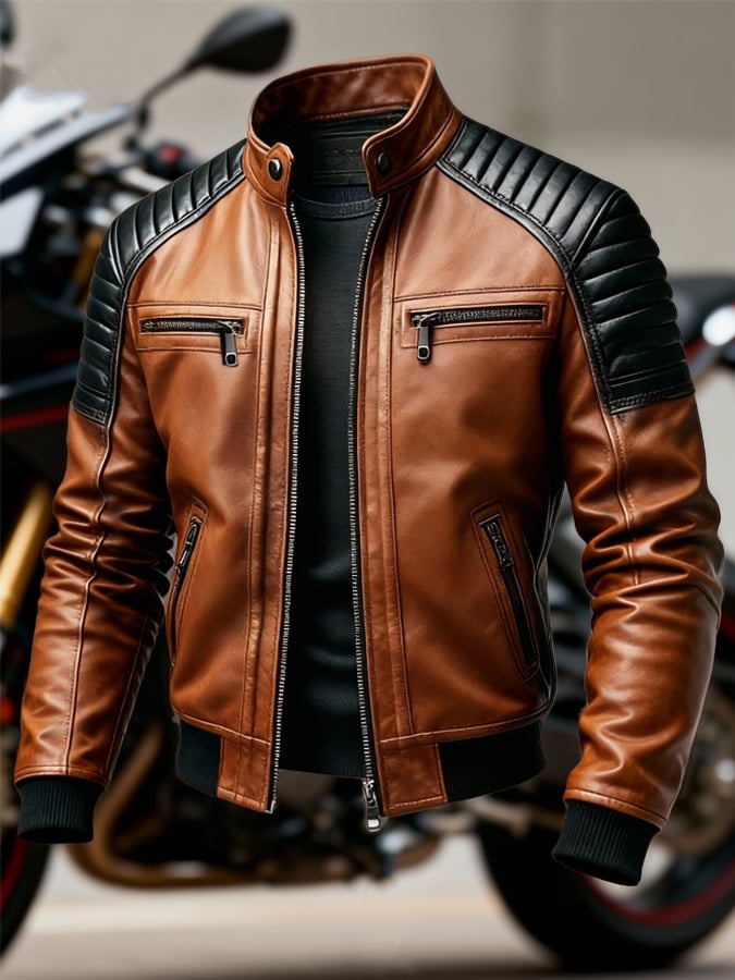 Men'S Vintage Motorcycle Leather Outdoor Jacket Coat