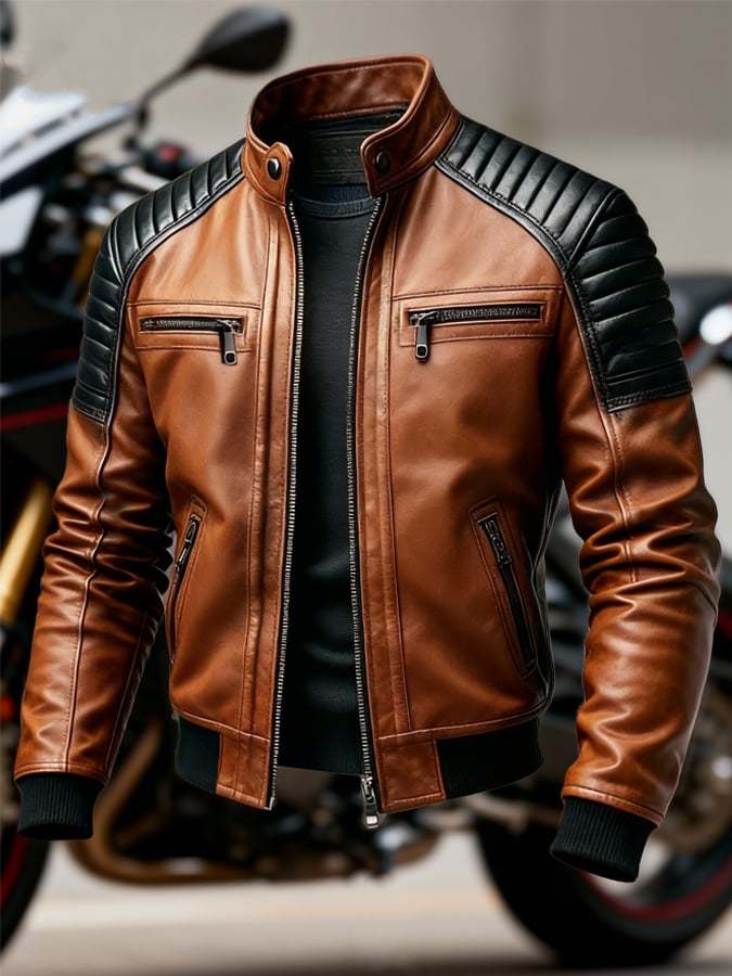 Men'S Vintage Motorcycle Leather Outdoor Jacket Coat