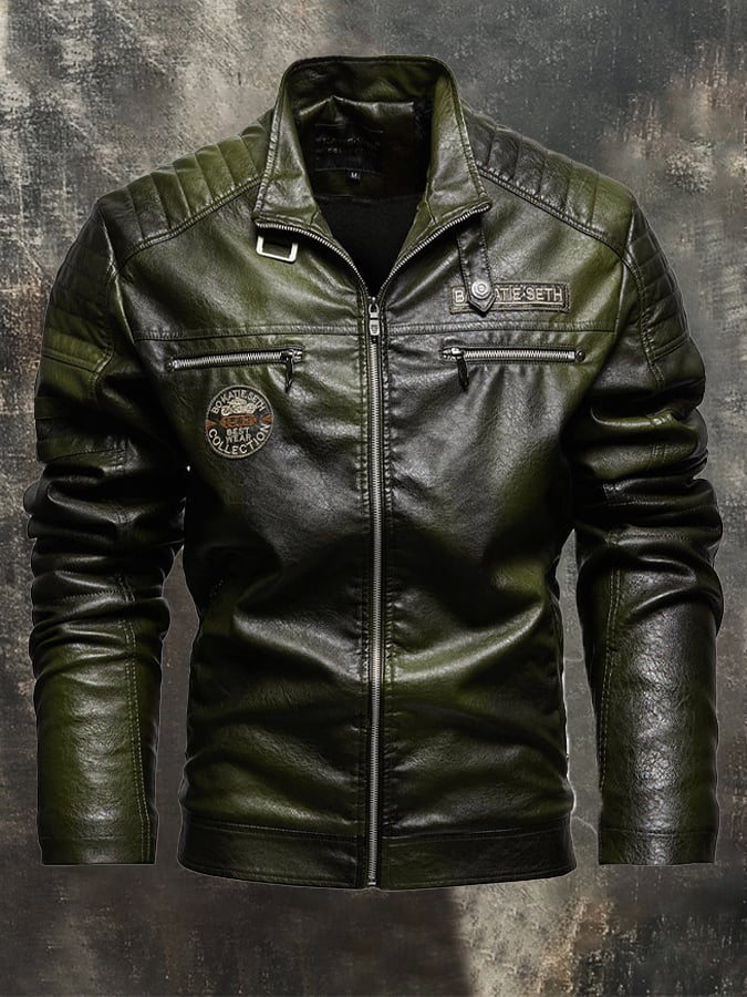 (Inner Pocket Design) Men's Retro Motorcycle Washed Leather Stand-Up Collar Jacket