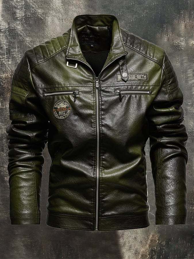 (Inner Pocket Design) Men's Retro Motorcycle Washed Leather Stand-Up Collar Jacket