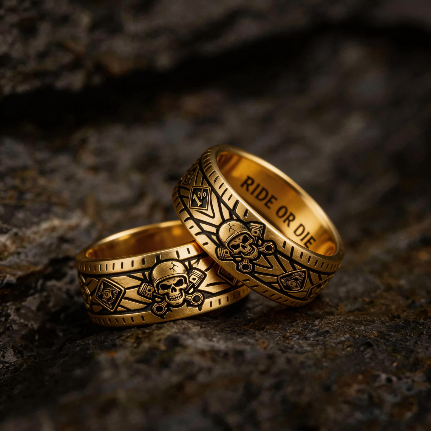 Vintage Harley-style rubber tire texture gold ring