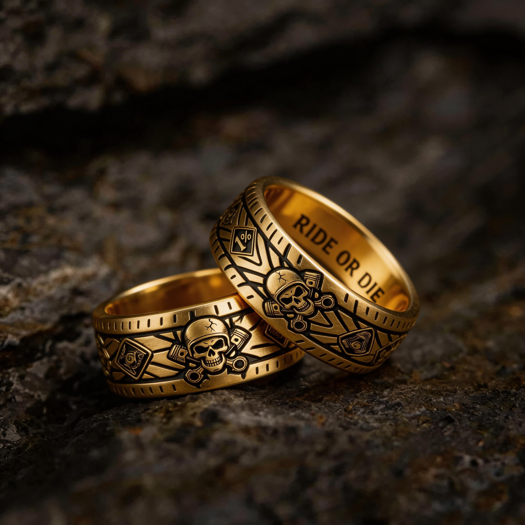 Vintage Harley-style rubber tire texture gold ring