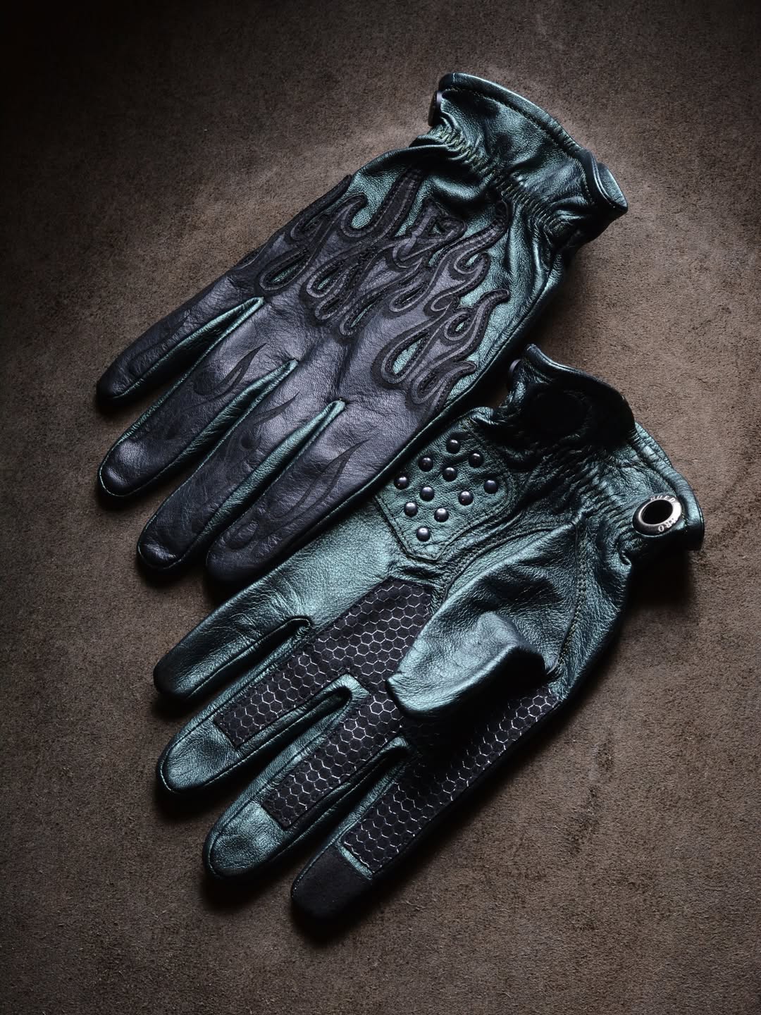 Industrial Punk Dark Emerald Flame Studded Textured Leather Gloves