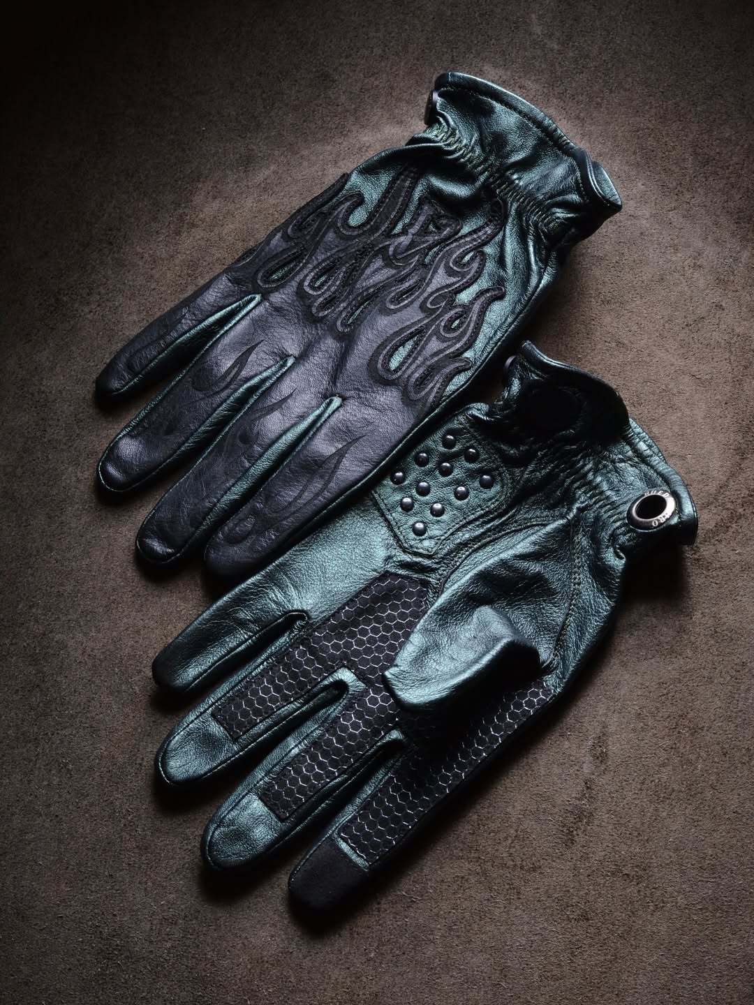 Industrial Punk Dark Emerald Flame Studded Textured Leather Gloves